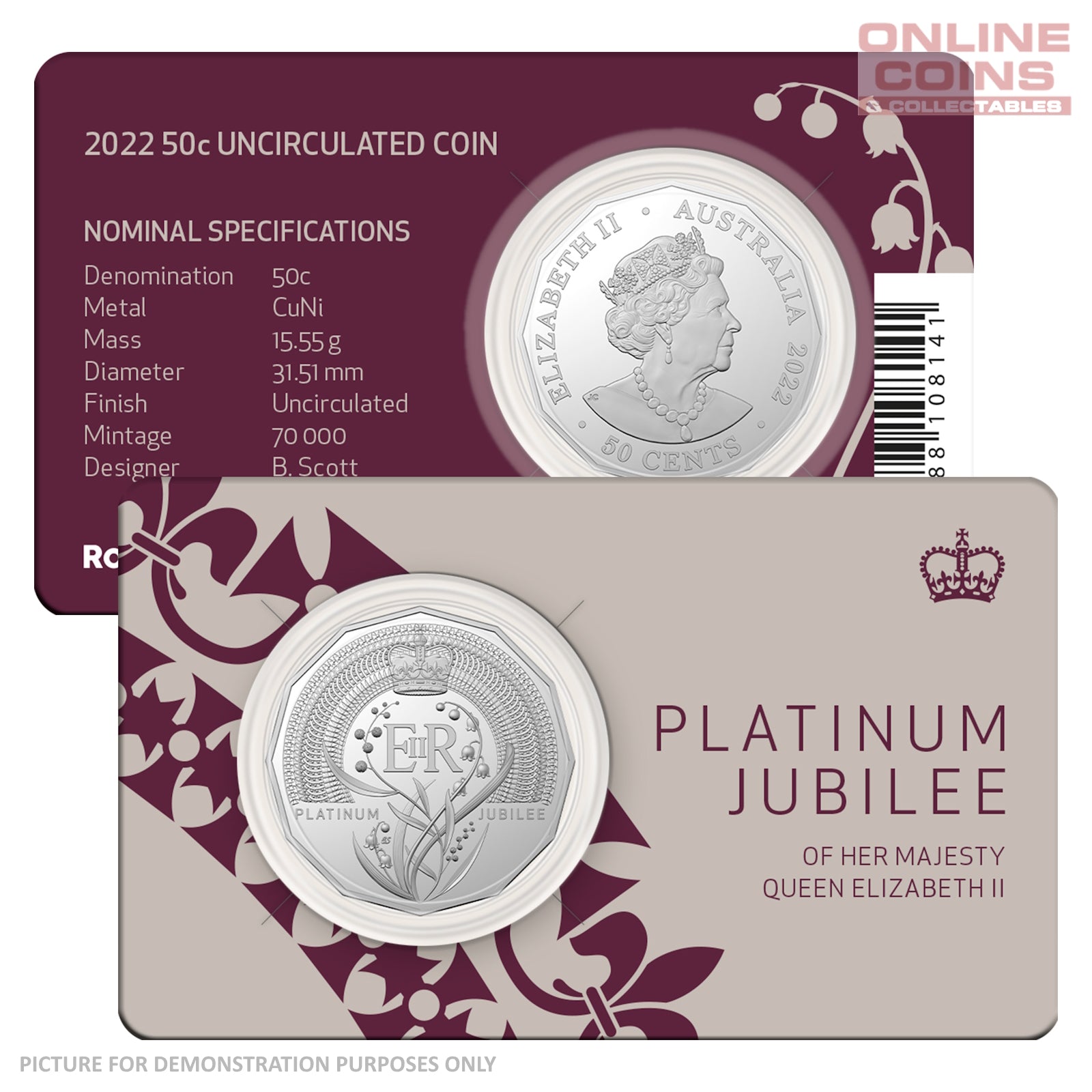 2022 50c CuNi Uncirculated Carded Coin – Platinum Jubilee of HM Queen Elizabeth II